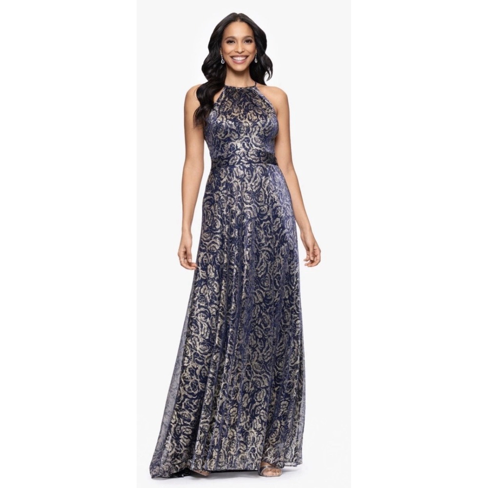 Betsy And Adam Metallic Floral Jacquard Dress Size 2 Slit Halter